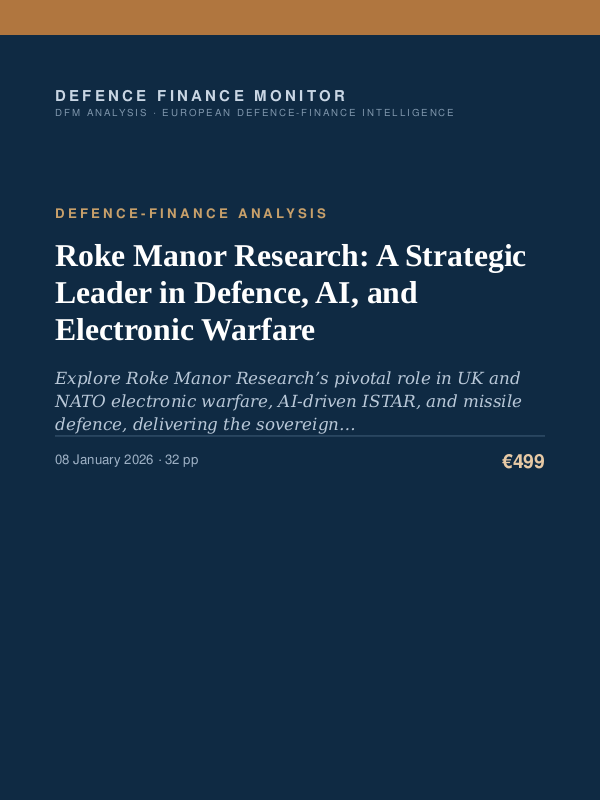 Cover of the DFM report “Roke Manor Research: A Strategic Leader in Defence, AI, and Electronic Warfare” — Defence-Finance Analysis, 32-page PDF