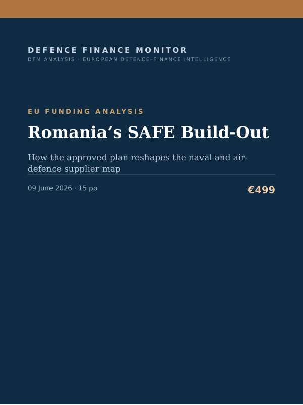 Cover of the DFM report “Romania’s SAFE Build-Out” — Eu Funding Analysis, 15-page PDF