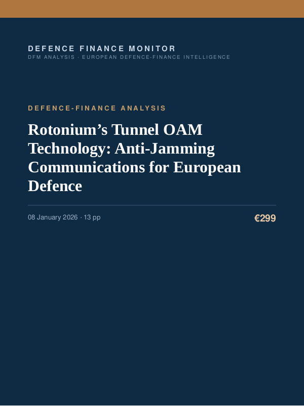 Cover of the DFM report “Rotonium’s Tunnel OAM Technology: Anti-Jamming Communications for European Defence” — Defence-Finance Analysis, 13-page PDF