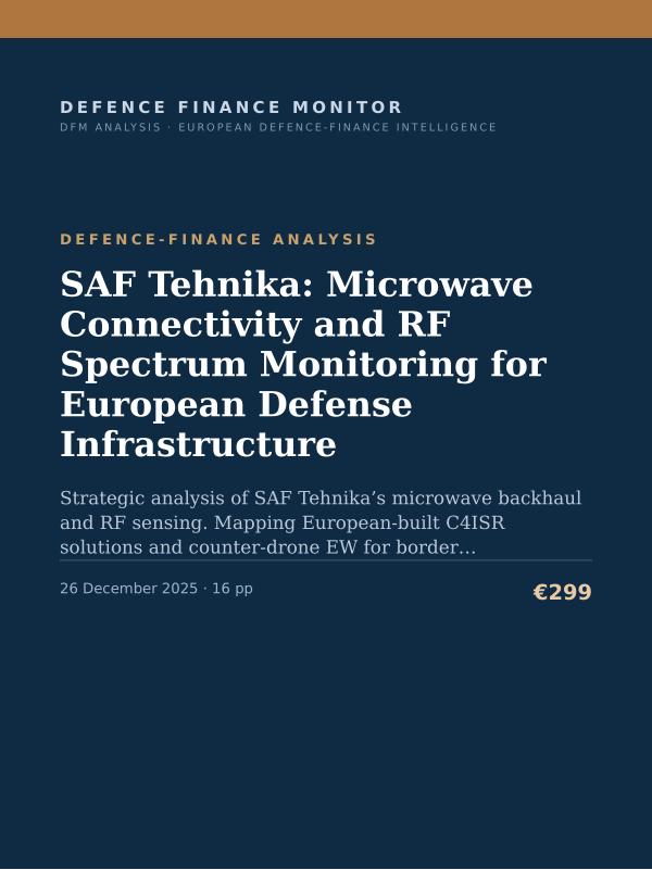 Cover of the DFM report “SAF Tehnika: Microwave Connectivity and RF Spectrum Monitoring for European Defense Infrastructure” — Defence-Finance Analysis, 16-page PDF