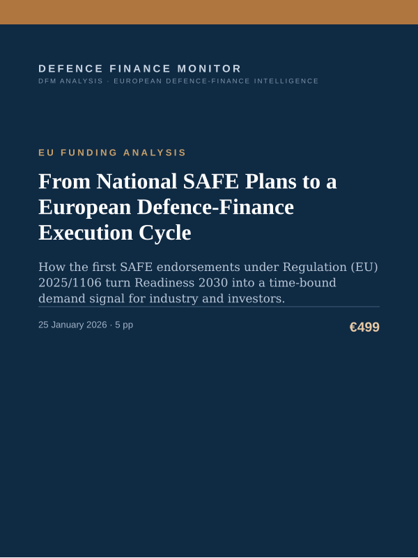 Cover of the DFM report “From National SAFE Plans to a European Defence-Finance Execution Cycle” — Eu Funding Analysis, 5-page PDF
