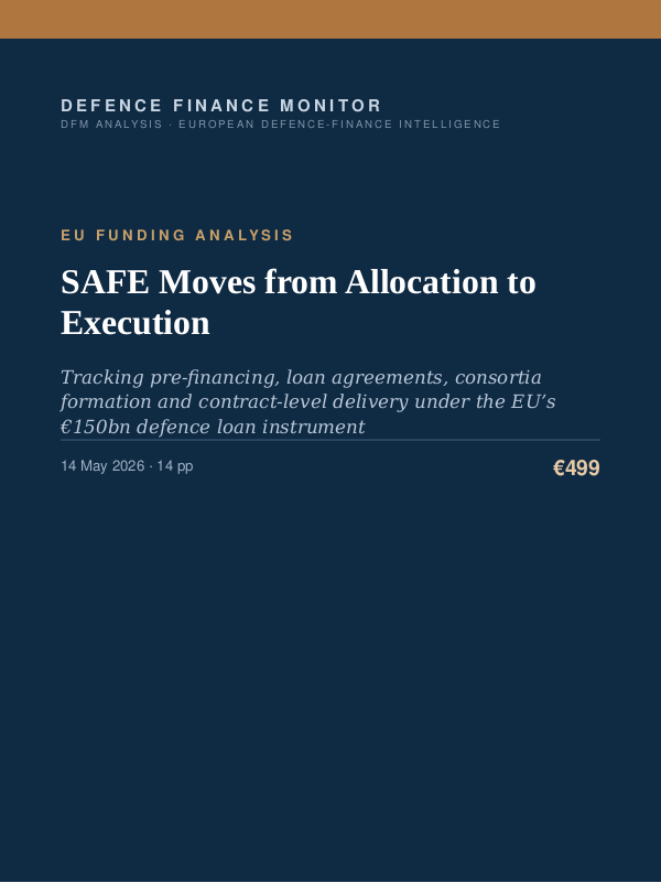 Cover of the DFM report “SAFE Moves from Allocation to Execution” — Eu Funding Analysis, 14-page PDF