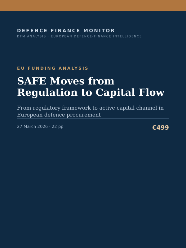Cover of the DFM report “SAFE Moves from Regulation to Capital Flow” — Eu Funding Analysis, 22-page PDF
