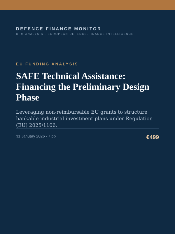 Cover of the DFM report “SAFE Technical Assistance: Financing the Preliminary Design Phase” — Eu Funding Analysis, 7-page PDF