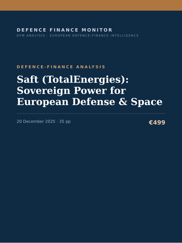 Cover of the DFM report “Saft (TotalEnergies): Sovereign Power for European Defense & Space” — Defence-Finance Analysis, 35-page PDF