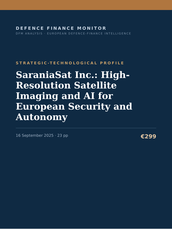 Cover of the DFM report “SaraniaSat Inc.: High-Resolution Satellite Imaging and AI for European Security and Autonomy” — Strategic-Technological Profile, 23-page PDF