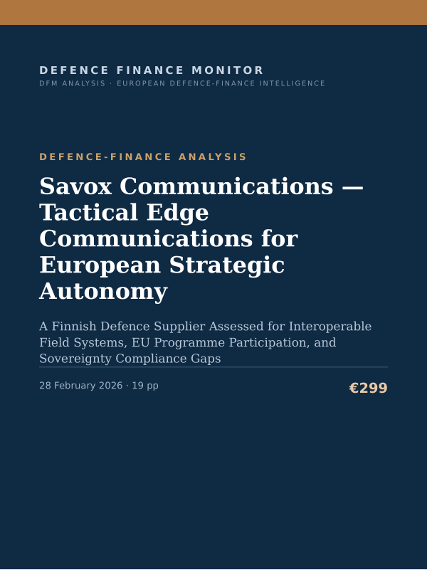 Cover of the DFM report “Savox Communications — Tactical Edge Communications for European Strategic Autonomy” — Defence-Finance Analysis, 19-page PDF