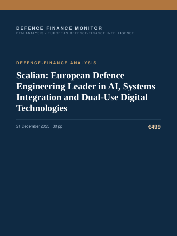 Cover of the DFM report “Scalian: European Defence Engineering Leader in AI, Systems Integration and Dual-Use Digital Technologies” — Defence-Finance Analysis, 30-page PDF