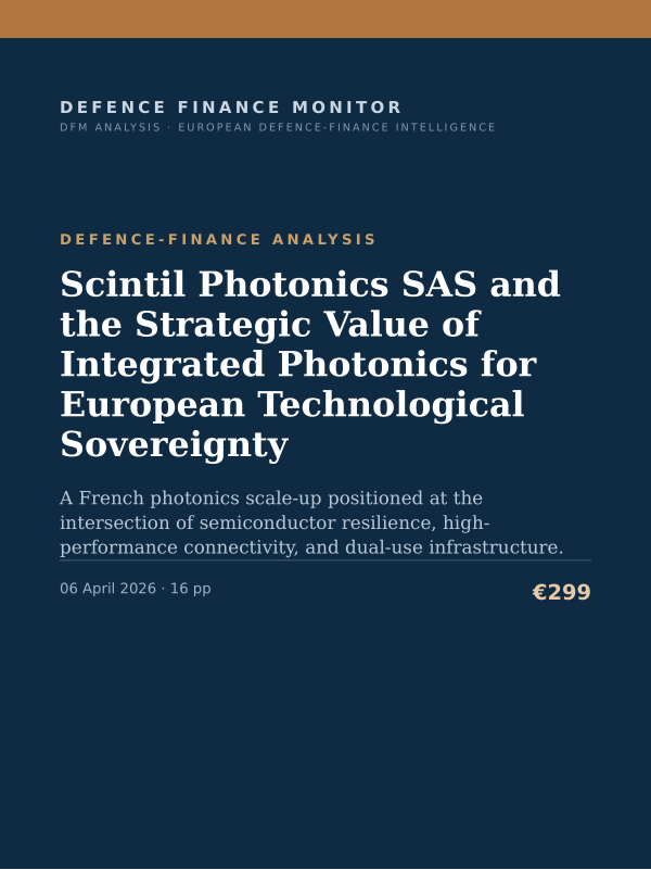 Cover of the DFM report “Scintil Photonics SAS and the Strategic Value of Integrated Photonics for European Technological Sovereignty” — Defence-Finance Analysis, 16-page PDF
