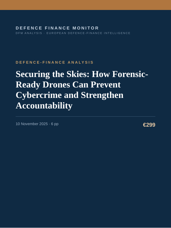 Cover of the DFM report “Securing the Skies: How Forensic-Ready Drones Can Prevent Cybercrime and Strengthen Accountability” — Defence-Finance Analysis, 6-page PDF