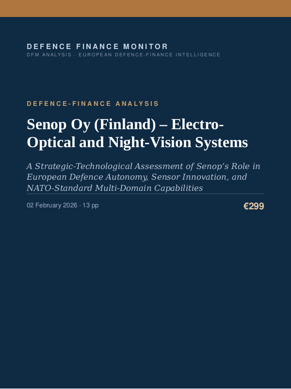Cover of the DFM report “Senop Oy (Finland) – Electro-Optical and Night-Vision Systems” — Defence-Finance Analysis, 13-page PDF