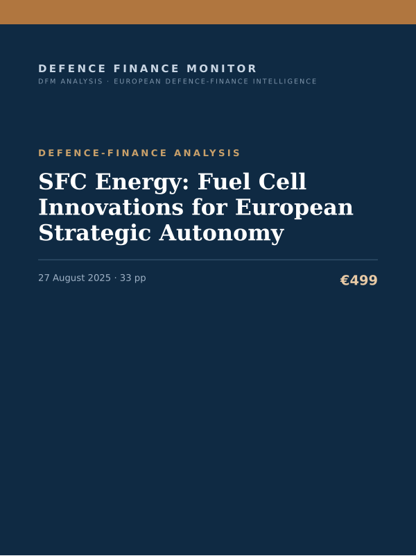 Cover of the DFM report “SFC Energy: Fuel Cell Innovations for European Strategic Autonomy” — Defence-Finance Analysis, 33-page PDF
