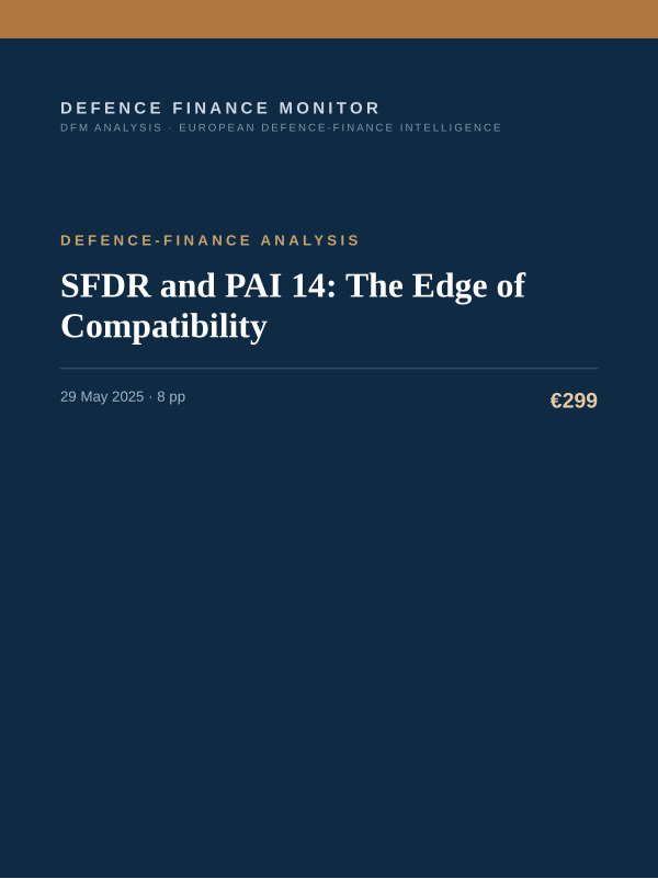 Cover of the DFM report “SFDR and PAI 14: The Edge of Compatibility” — Defence-Finance Analysis, 8-page PDF