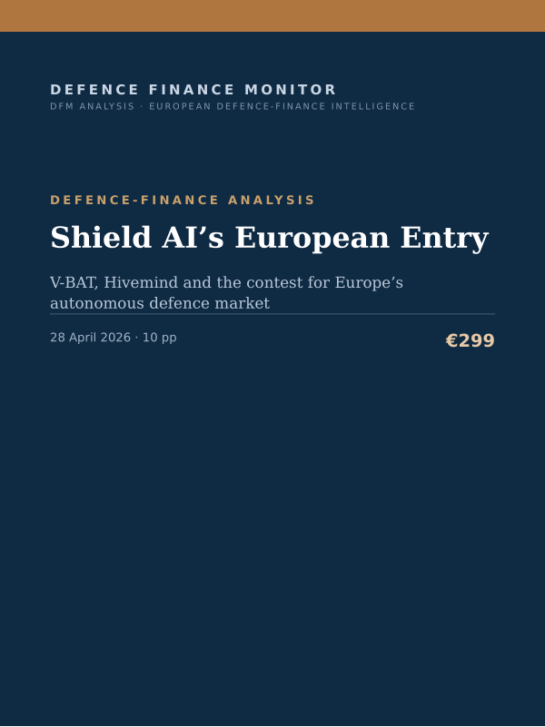Cover of the DFM report “Shield AI’s European Entry” — Defence-Finance Analysis, 10-page PDF