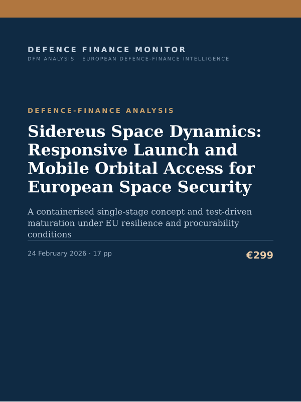 Cover of the DFM report “Sidereus Space Dynamics: Responsive Launch and Mobile Orbital Access for European Space Security” — Defence-Finance Analysis, 17-page PDF