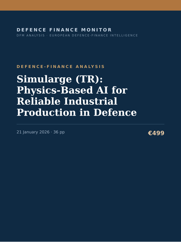 Cover of the DFM report “Simularge (TR): Physics‑Based AI for Reliable Industrial Production in Defence” — Defence-Finance Analysis, 36-page PDF