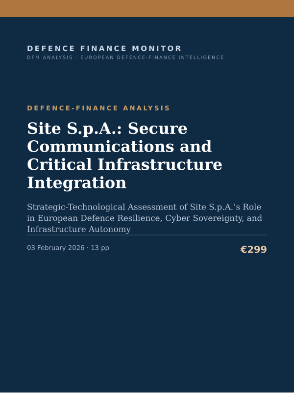 Cover of the DFM report “Site S.p.A.: Secure Communications and Critical Infrastructure Integration” — Defence-Finance Analysis, 13-page PDF