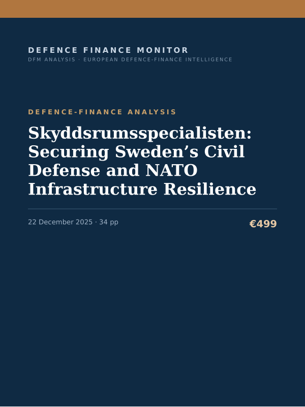 Cover of the DFM report “Skyddsrumsspecialisten: Securing Sweden’s Civil Defense and NATO Infrastructure Resilience” — Defence-Finance Analysis, 34-page PDF