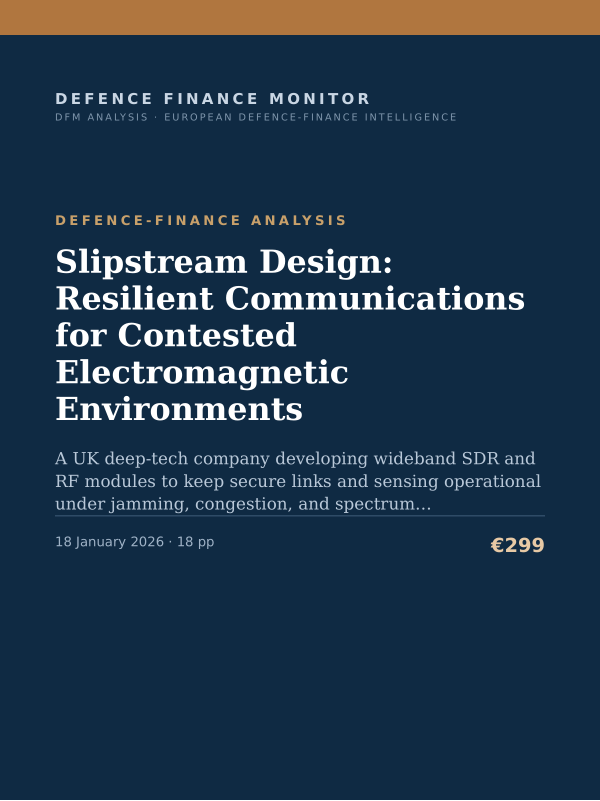 Cover of the DFM report “Slipstream Design: Resilient Communications for Contested Electromagnetic Environments” — Defence-Finance Analysis, 18-page PDF