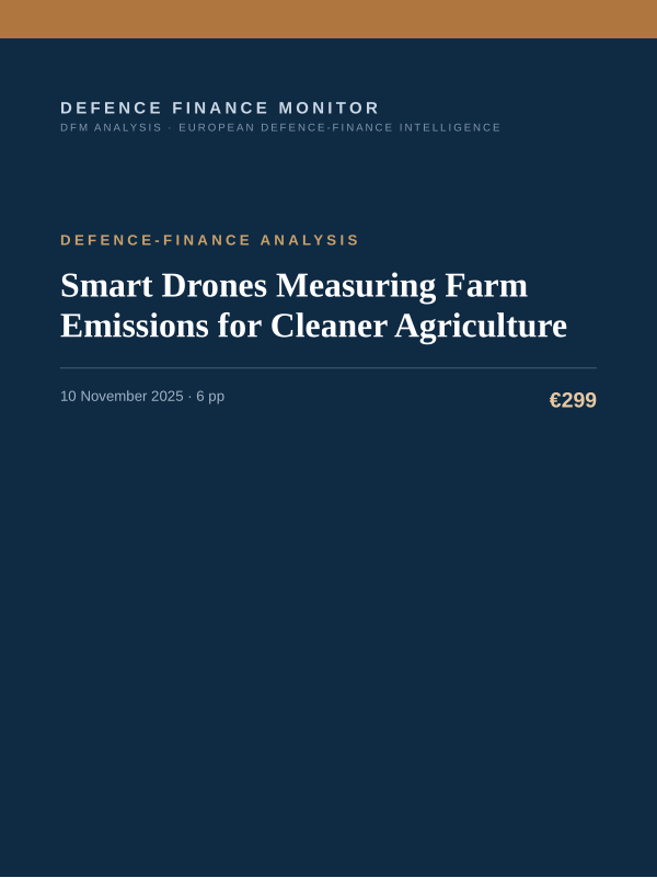Cover of the DFM report “Smart Drones Measuring Farm Emissions for Cleaner Agriculture” — Defence-Finance Analysis, 6-page PDF