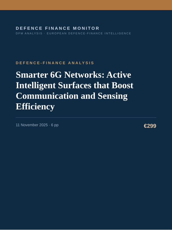 Cover of the DFM report “Smarter 6G Networks: Active Intelligent Surfaces that Boost Communication and Sensing Efficiency” — Defence-Finance Analysis, 6-page PDF