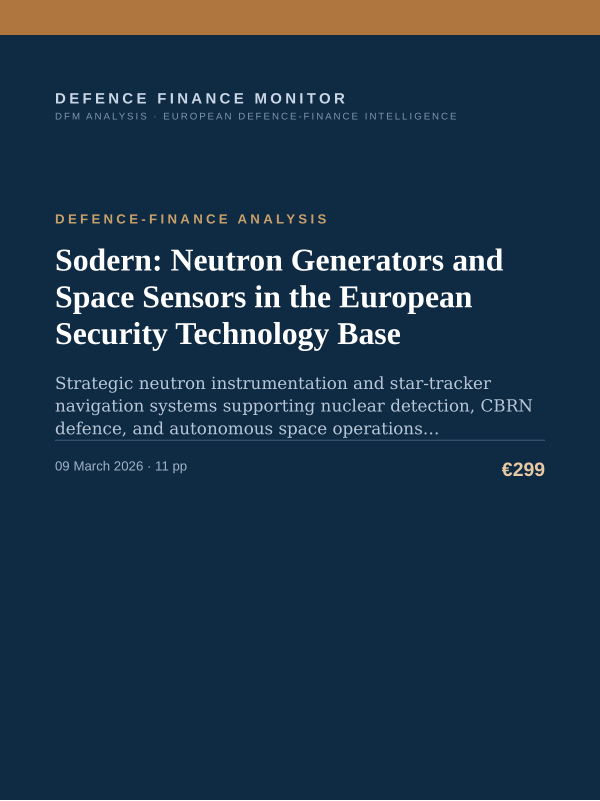 Cover of the DFM report “Sodern: Neutron Generators and Space Sensors in the European Security Technology Base” — Defence-Finance Analysis, 11-page PDF