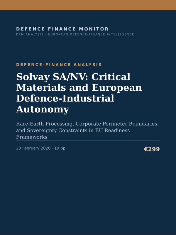 Cover of the DFM report “Solvay SA/NV: Critical Materials and European Defence-Industrial Autonomy” — Defence-Finance Analysis, 19-page PDF