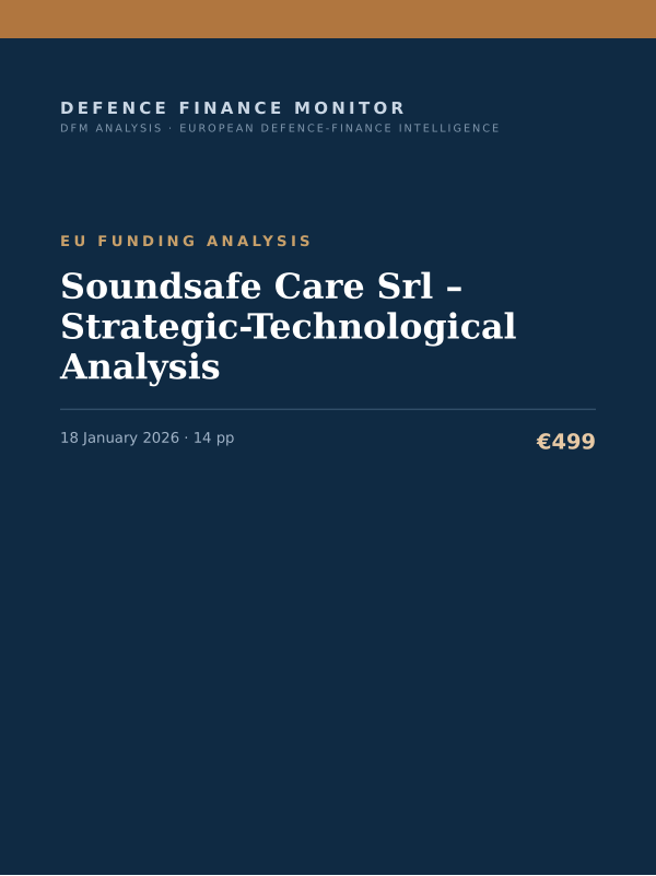 Cover of the DFM report “Soundsafe Care Srl – Strategic-Technological Analysis” — Eu Funding Analysis, 14-page PDF