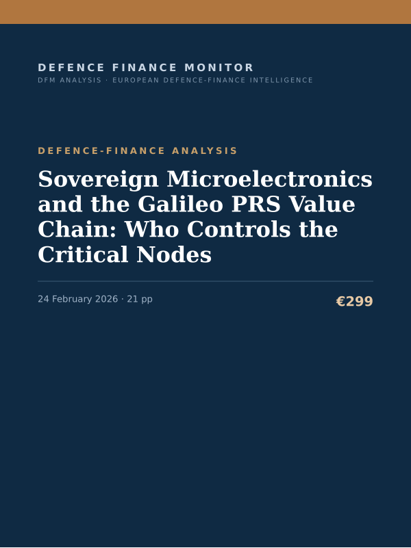 Cover of the DFM report “Sovereign Microelectronics and the Galileo PRS Value Chain: Who Controls the Critical Nodes” — Defence-Finance Analysis, 21-page PDF