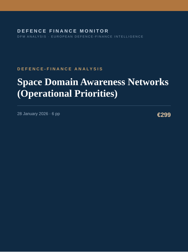 Cover of the DFM report “Space Domain Awareness Networks (Operational Priorities)” — Defence-Finance Analysis, 6-page PDF