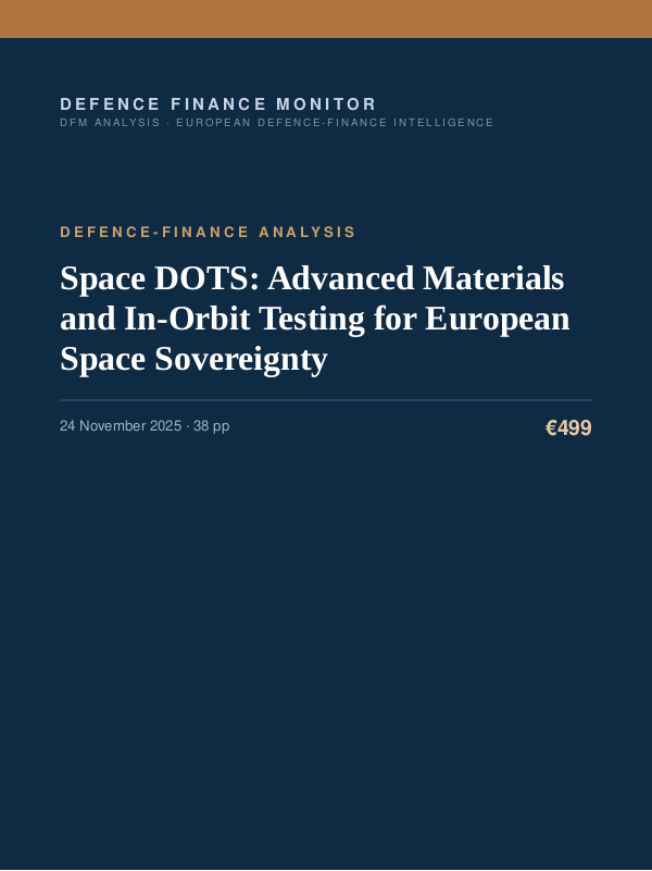 Cover of the DFM report “Space DOTS: Advanced Materials and In-Orbit Testing for European Space Sovereignty” — Defence-Finance Analysis, 38-page PDF