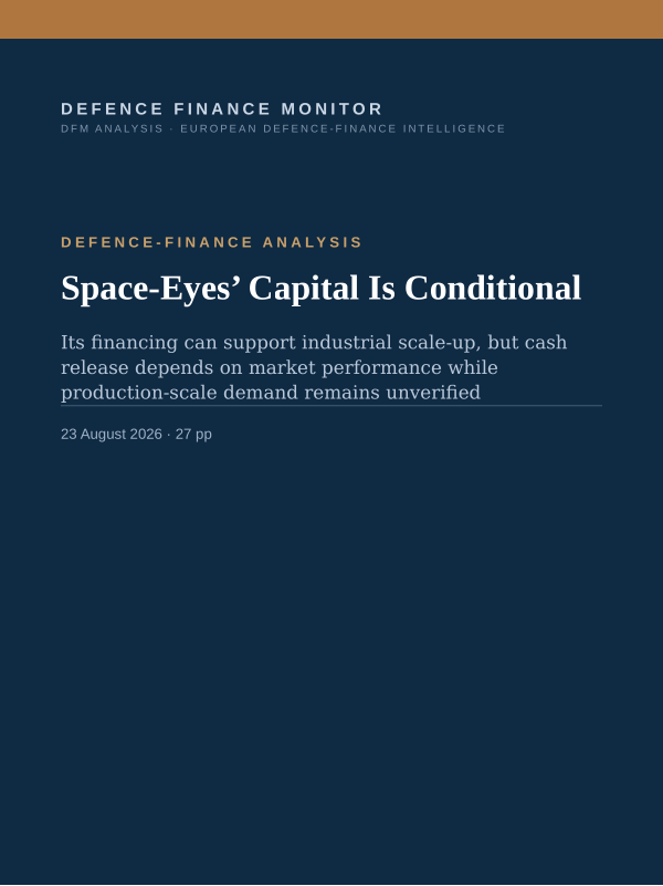 Cover of the DFM report “Space-Eyes’ Capital Is Conditional” — Defence-Finance Analysis, 27-page PDF