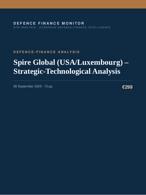 Cover of the DFM report “Spire Global (USA/Luxembourg) – Strategic-Technological Analysis” — Defence-Finance Analysis, 13-page PDF