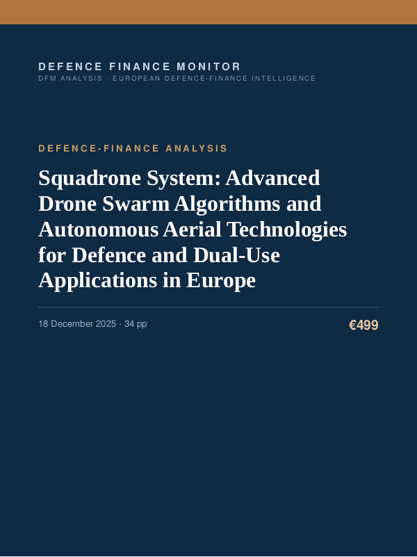 Cover of the DFM report “Squadrone System: Advanced Drone Swarm Algorithms and Autonomous Aerial Technologies for Defence and Dual-Use Applications in Europe” — Defence-Finance Analysis, 34-page PDF