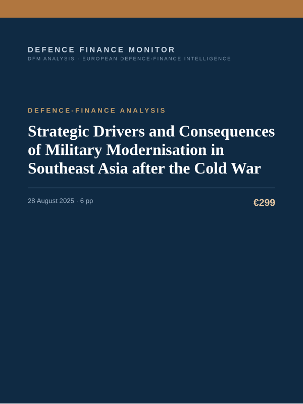 Cover of the DFM report “Strategic Drivers and Consequences of Military Modernisation in Southeast Asia after the Cold War” — Defence-Finance Analysis, 6-page PDF
