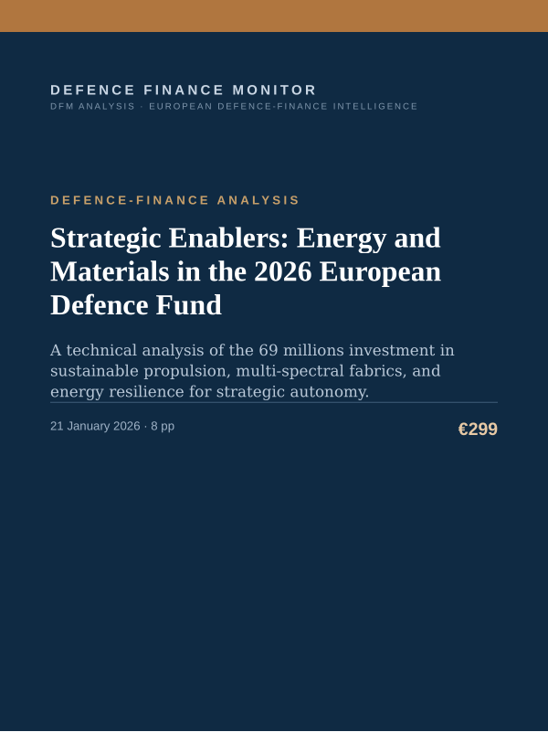 Cover of the DFM report “Strategic Enablers: Energy and Materials in the 2026 European Defence Fund” — Defence-Finance Analysis, 8-page PDF