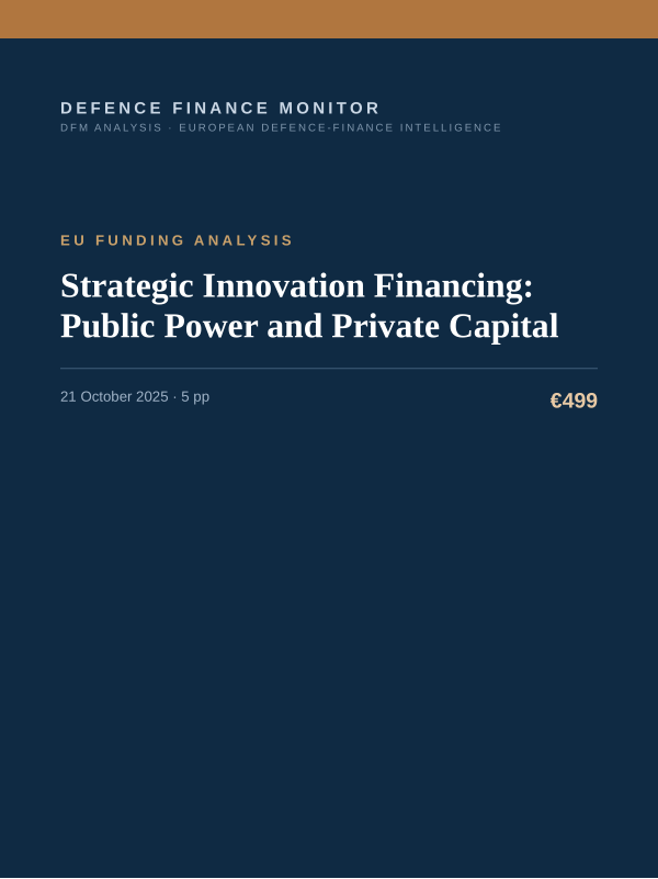 Cover of the DFM report “Strategic Innovation Financing: Public Power and Private Capital” — Eu Funding Analysis, 5-page PDF