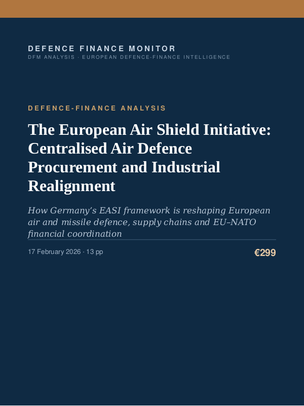 Cover of the DFM report “The European Air Shield Initiative: Centralised Air Defence Procurement and Industrial Realignment” — Defence-Finance Analysis, 13-page PDF