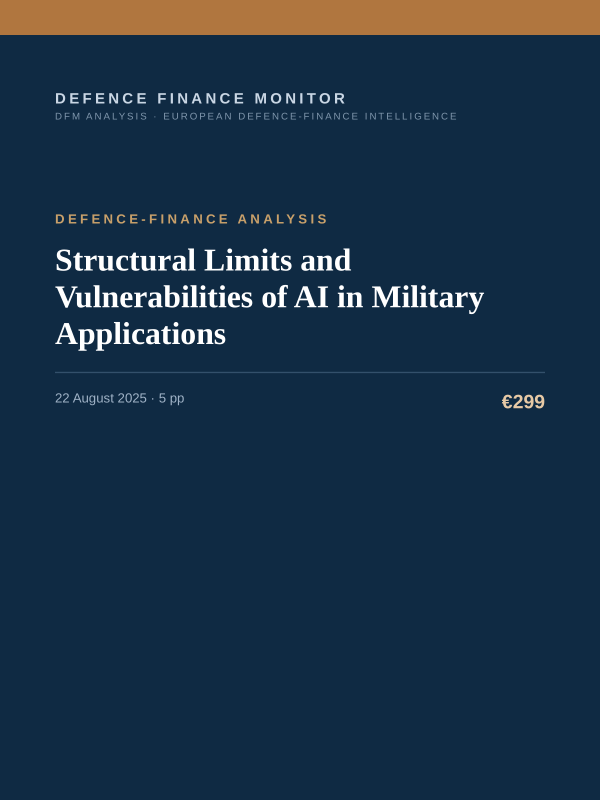 Cover of the DFM report “Structural Limits and Vulnerabilities of AI in Military Applications” — Defence-Finance Analysis, 5-page PDF