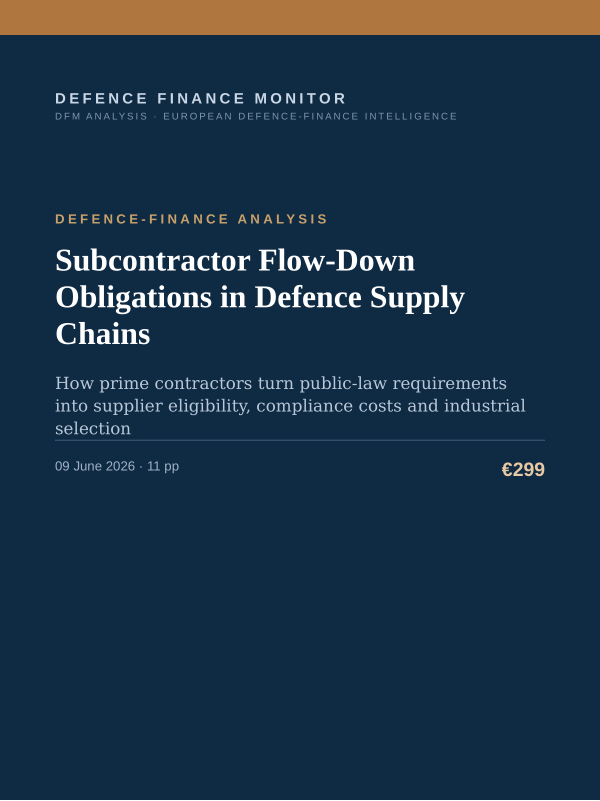 Cover of the DFM report “Subcontractor Flow-Down Obligations in Defence Supply Chains” — Defence-Finance Analysis, 11-page PDF