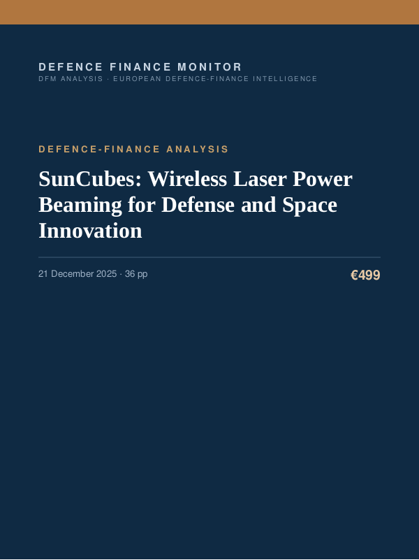 Cover of the DFM report “SunCubes: Wireless Laser Power Beaming for Defense and Space Innovation” — Defence-Finance Analysis, 36-page PDF
