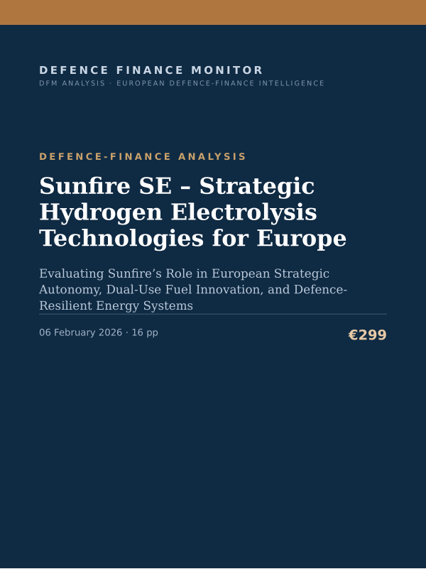 Cover of the DFM report “Sunfire SE – Strategic Hydrogen Electrolysis Technologies for Europe” — Defence-Finance Analysis, 16-page PDF