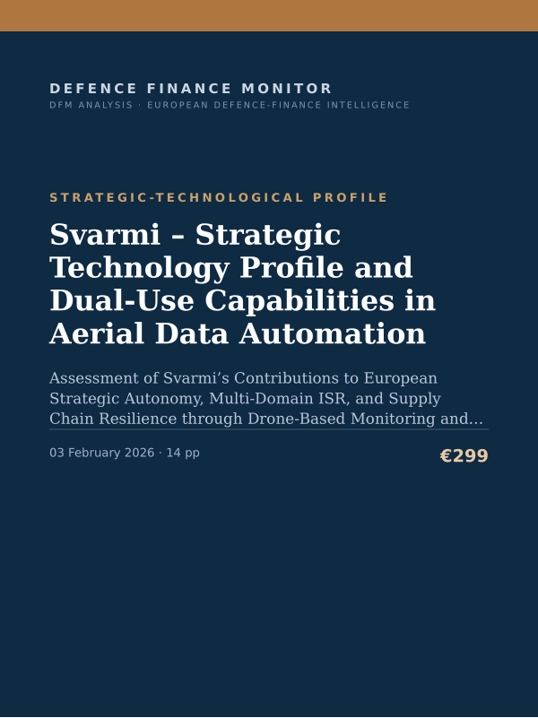 Cover of the DFM report “Svarmi – Strategic Technology Profile and Dual-Use Capabilities in Aerial Data Automation” — Strategic-Technological Profile, 14-page PDF