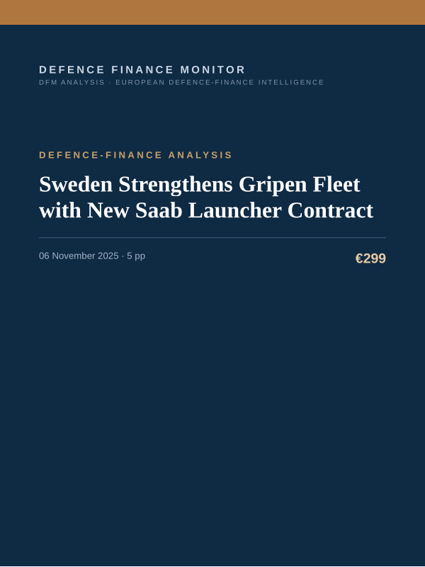 Cover of the DFM report “Sweden Strengthens Gripen Fleet with New Saab Launcher Contract” — Defence-Finance Analysis, 5-page PDF
