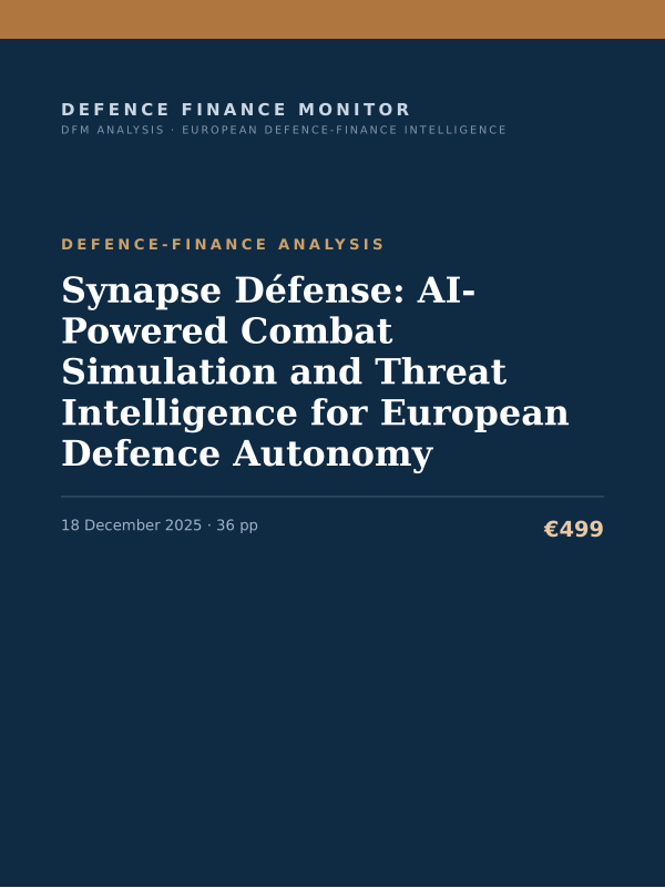 Cover of the DFM report “Synapse Défense: AI-Powered Combat Simulation and Threat Intelligence for European Defence Autonomy” — Defence-Finance Analysis, 36-page PDF