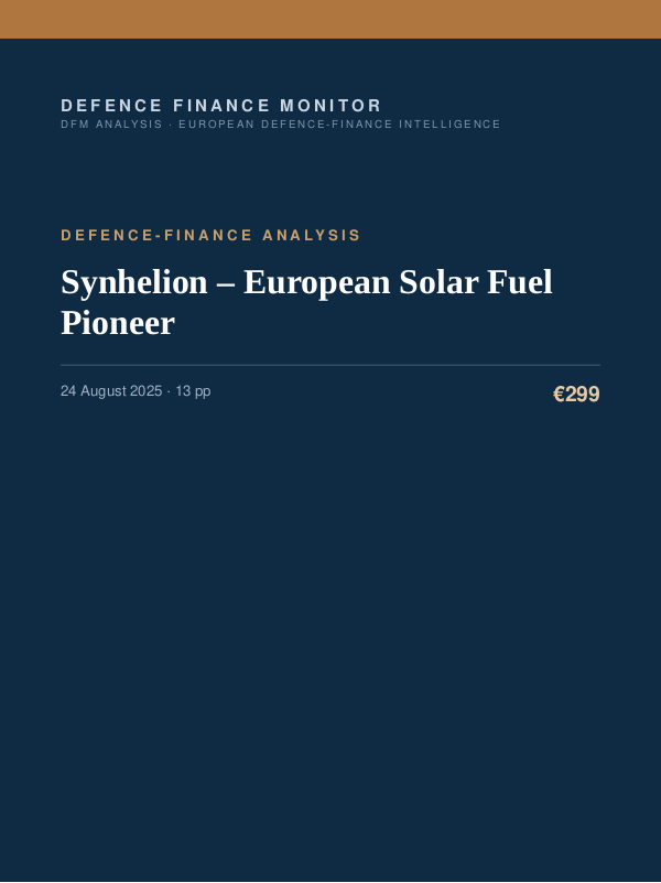 Cover of the DFM report “Synhelion – European Solar Fuel Pioneer” — Defence-Finance Analysis, 13-page PDF
