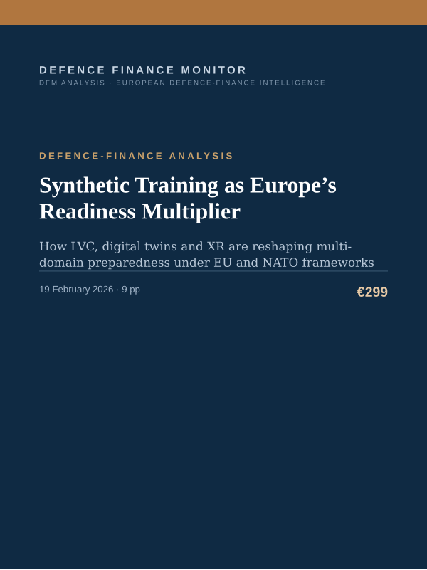 Cover of the DFM report “Synthetic Training as Europe’s Readiness Multiplier” — Defence-Finance Analysis, 9-page PDF