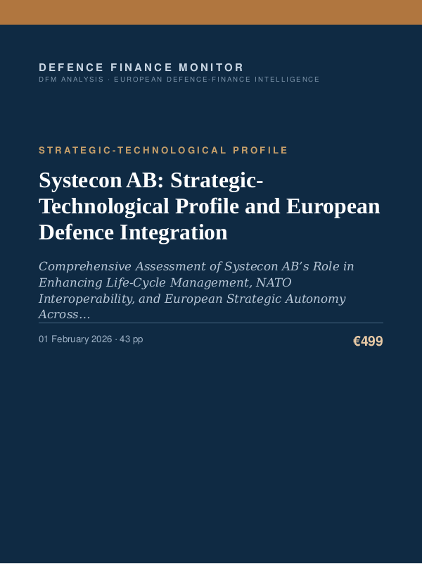 Cover of the DFM report “Systecon AB: Strategic-Technological Profile and European Defence Integration” — Strategic-Technological Profile, 43-page PDF