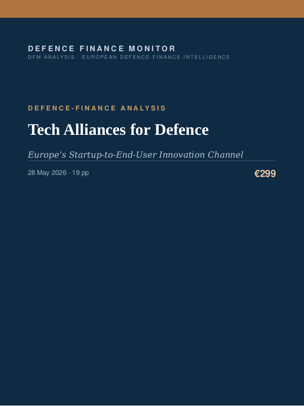 Cover of the DFM report “Tech Alliances for Defence” — Defence-Finance Analysis, 19-page PDF