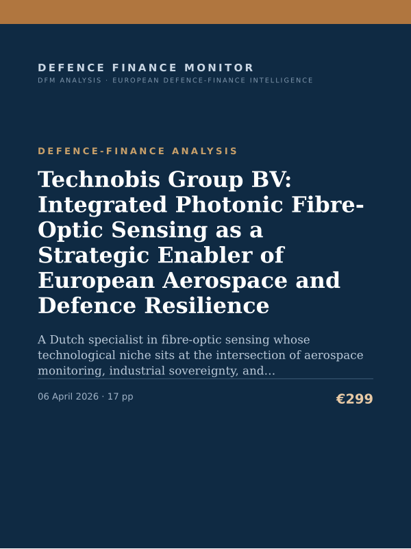 Cover of the DFM report “Technobis Group BV: Integrated Photonic Fibre-Optic Sensing as a Strategic Enabler of European Aerospace and Defence Resilience” — Defence-Finance Analysis, 17-page PDF